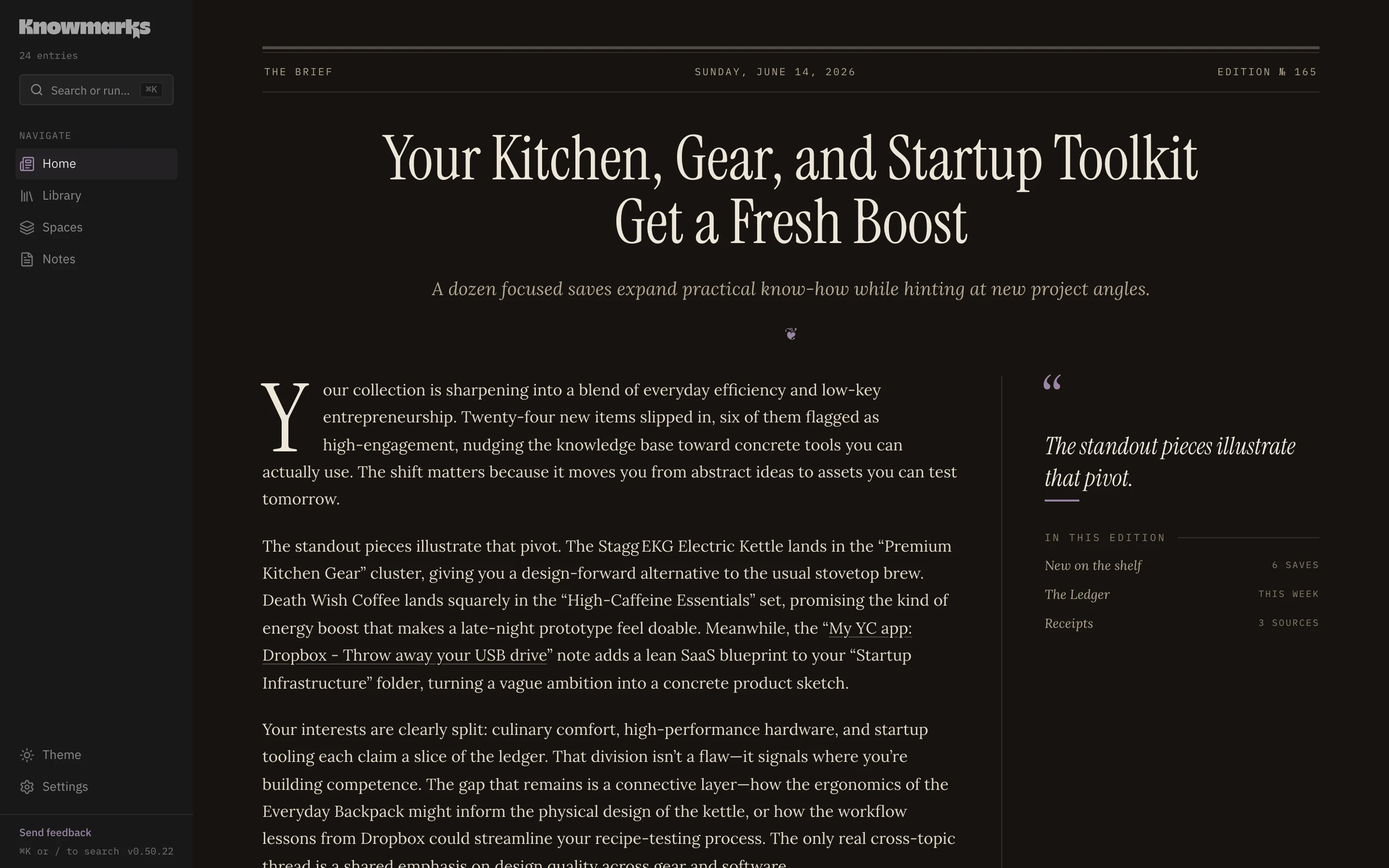 The Knowmarks home page, your collection as a daily editorial brief