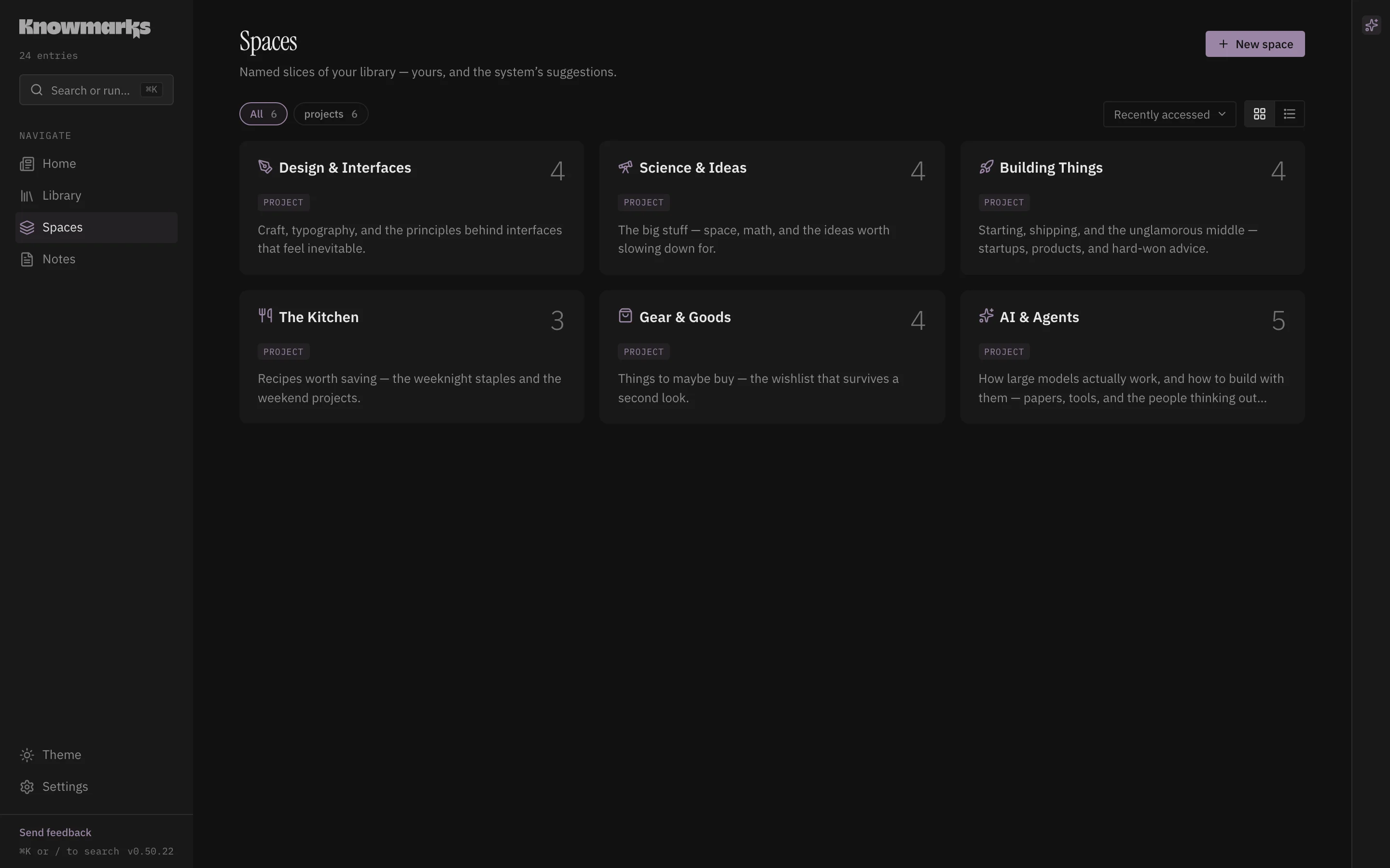 Spaces view in Knowmarks